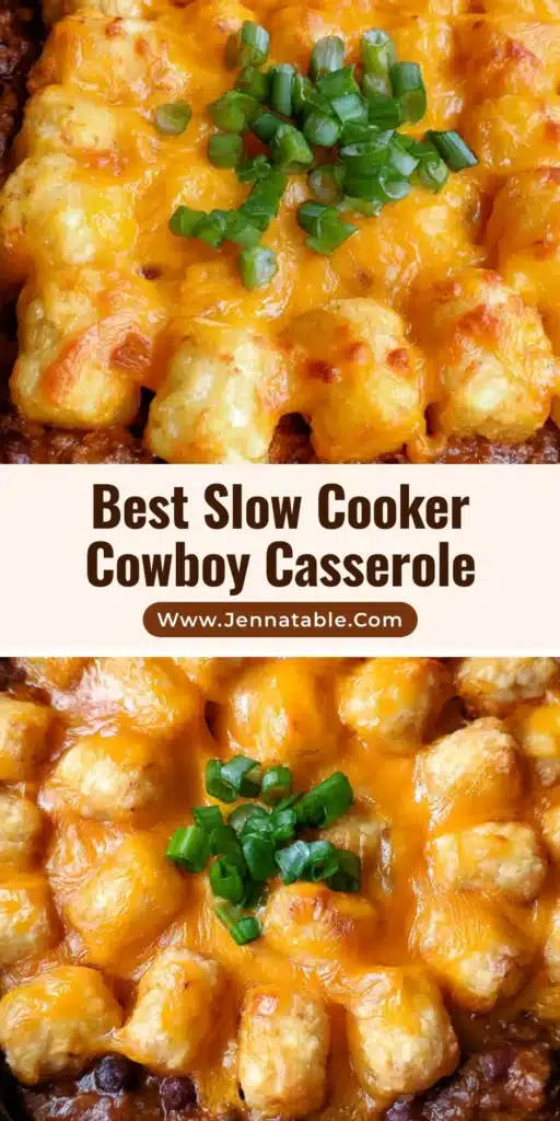 Slow Cooker Cowboy Casserole: The Ultimate Hearty Family Comfort Meal 3 A top-down shot of Slow Cooker Cowboy Casserole featuring golden tater tots and melted bubbling cheddar cheese in a crockpot. (Slow Cooker Cowboy Casserole)