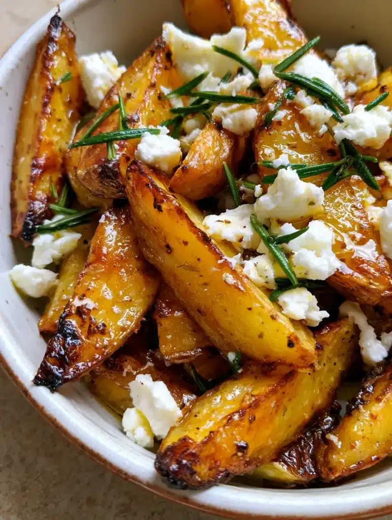Close up handheld photo of golden yellow Greek Lemon Potatoes with visible dark brown charred edges and olive oil sheen.