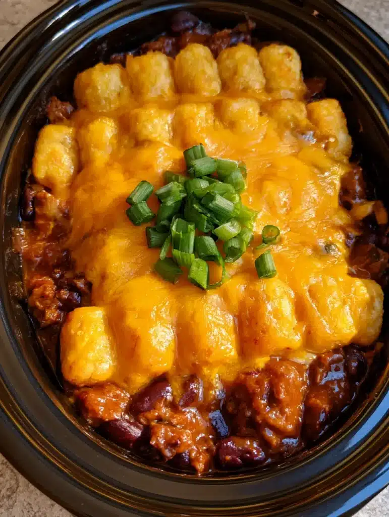 Close-up of bubbling melted cheddar cheese and golden-brown tater tots inside a black ceramic slow cooker. (Slow Cooker Cowboy Casserole)