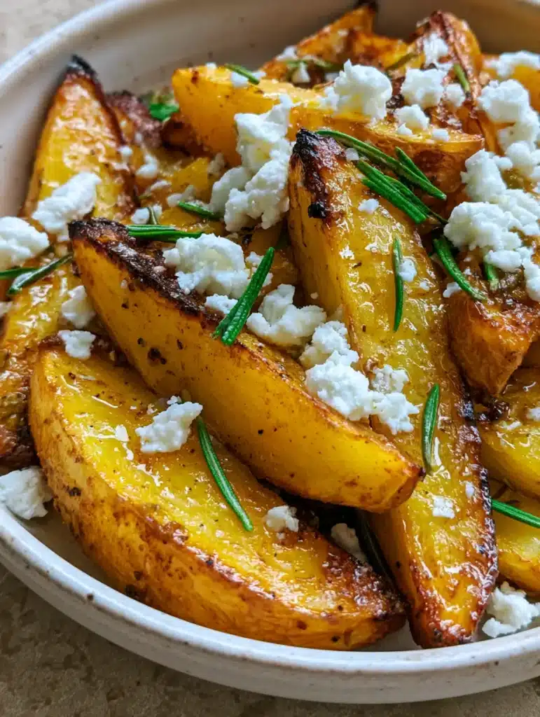 Overhead view of Greek Lemon Potatoes topped with white crumbled feta and vibrant green rosemary needles in a ceramic bowl.