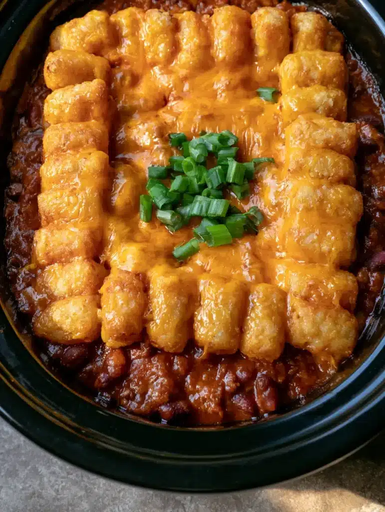 Slow Cooker Cowboy Casserole: The Ultimate Hearty Family Comfort Meal 1 A top-down view showing the glossy tomato sauce, kidney beans, and beef crumbles under a layer of tater tots.