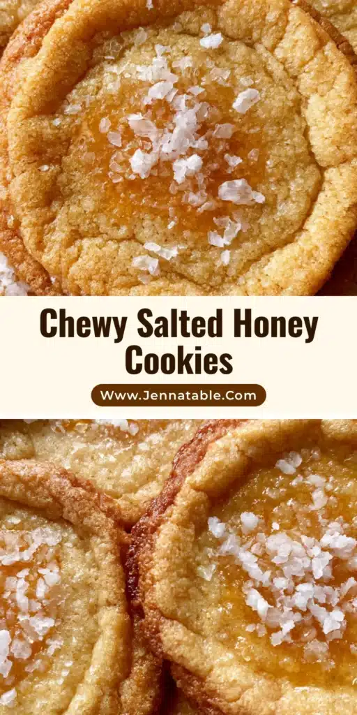 Salted Honey Cookies: The Ultimate Chewy, Golden-Blonde Recipe 4 Close-up overhead view of golden-blonde Salted Honey Cookies with rippled edges, sunken centers, glossy honey glaze, and flaky sea salt on parchment paper.