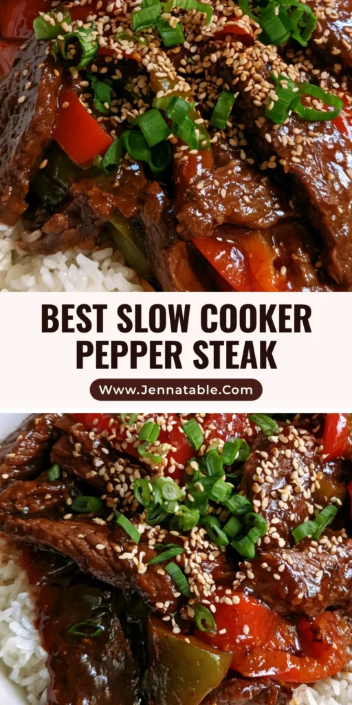 Slow Cooker Pepper Steak with Tender Flank Steak and Glossy Gravy 4 A handheld smartphone photo of a white ceramic bowl filled with Slow Cooker Pepper Steak on jasmine rice with toasted sesame seeds and green scallions.