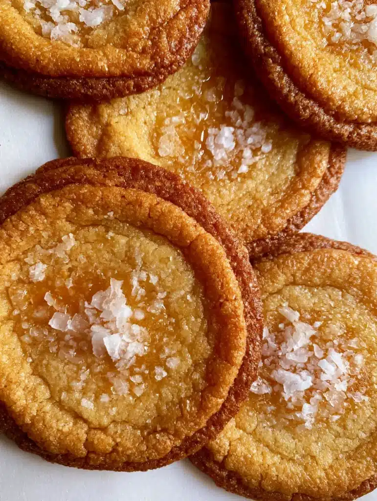 Several circular Salted Honey Cookies overlapping on white parchment paper, highlighting the chewy crinkled texture and sea salt topping.
