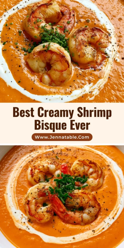 A top-down view of a vibrant orange Shrimp Bisque in a white bowl, garnished with three seared jumbo shrimp, a cream swirl, and fresh chives.