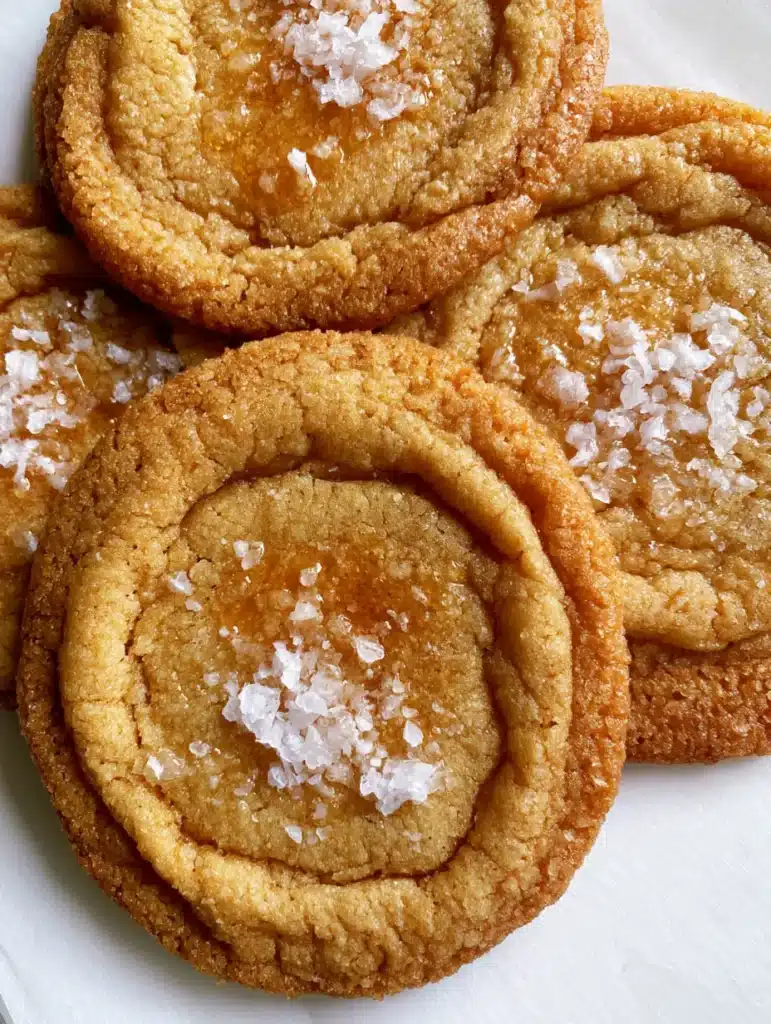 Salted Honey Cookies: The Ultimate Chewy, Golden-Blonde Recipe 1 Overhead view of Salted Honey Cookies with a visible glossy amber sheen in the center and large white flaky sea salt crystals.