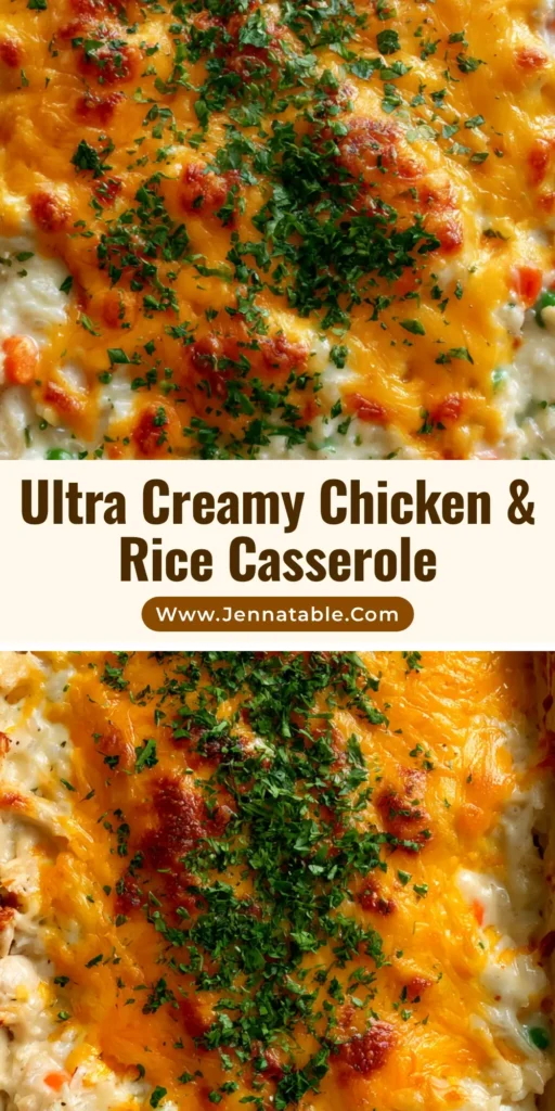 A top-down shot of a golden-brown Chicken and Rice Casserole in a ceramic dish with melted cheddar and parsley.