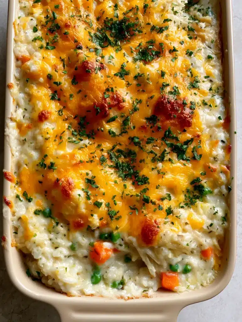 Close-up of shredded chicken and rice casserole showing toasted cheese spots and green peas. (Chicken and Rice Casserole)