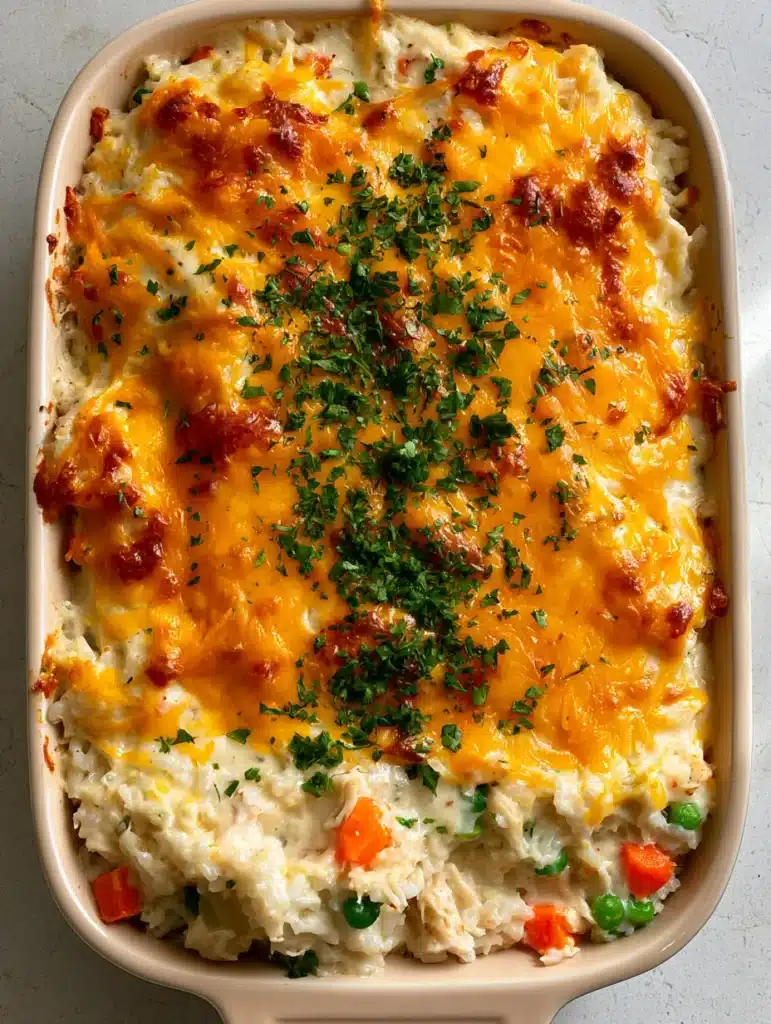 A full view of the rectangular ceramic dish filled with Chicken and Rice Casserole on a grey stone surface.