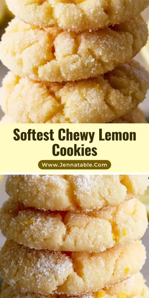 A vertical stack of four thick, pale-yellow lemon sugar cookies with crinkled tops and a sugar coating. (Lemon Sugar Cookies)
