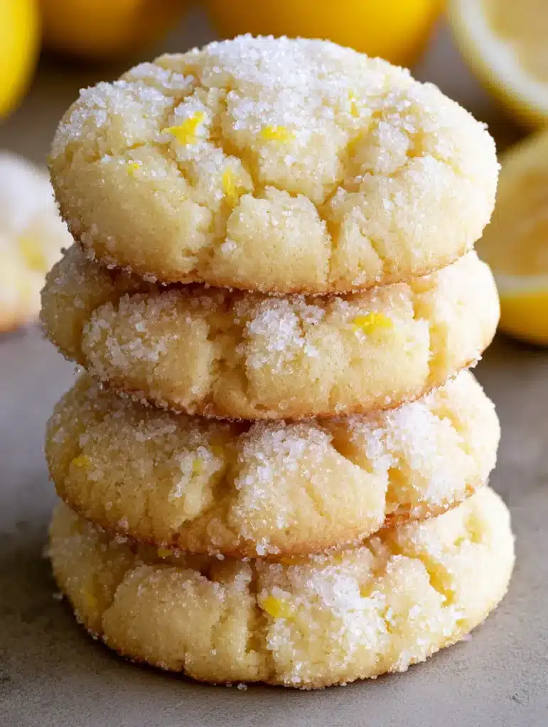 Close up of deeply crinkled lemon sugar cookies with granulated sugar crystals and fresh lemon zest visible. (Lemon Sugar Cookies)
