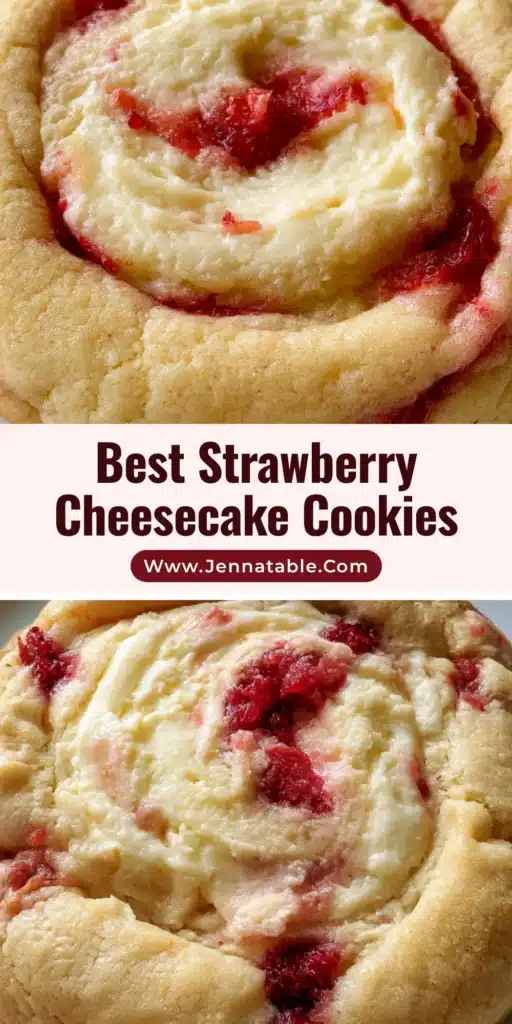 A handheld photo of a thick Strawberry Cheesecake Cookie on a white ceramic plate showing a creamy swirl and red strawberry pieces.