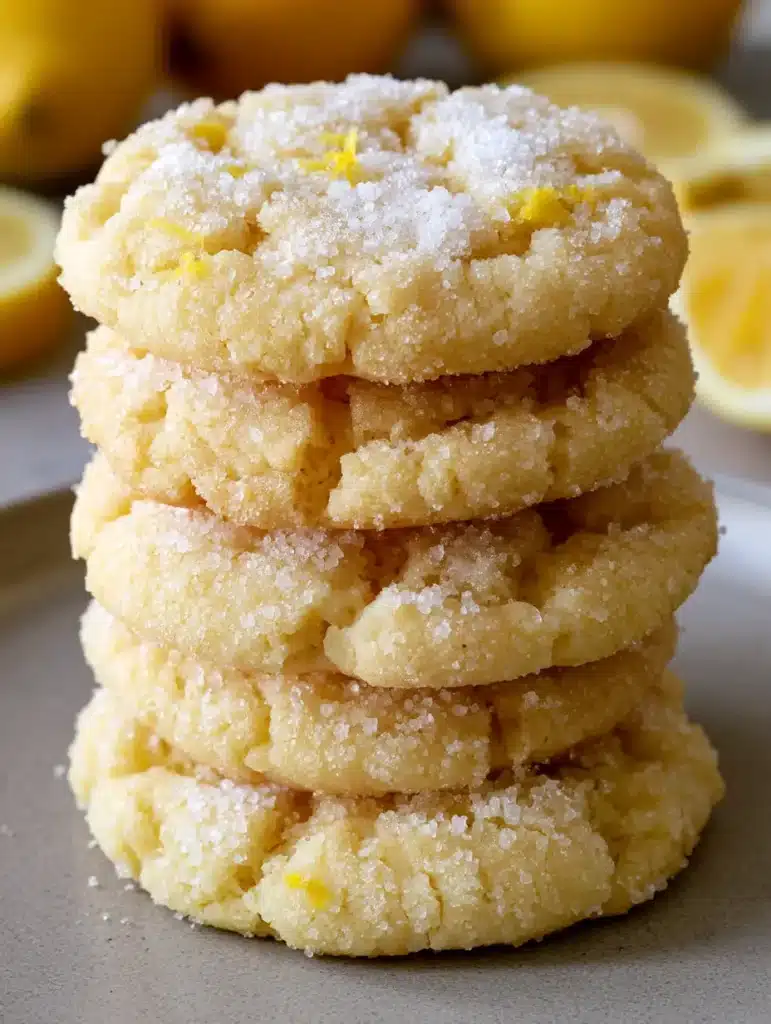 Authentic food photography of lemon sugar cookies stacked on a gray surface with blurred lemons in the background.