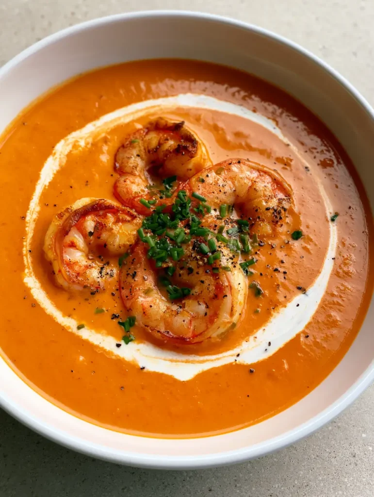 A shallow white ceramic bowl filled with thick, velvety Shrimp Bisque on a light-grey stone countertop.