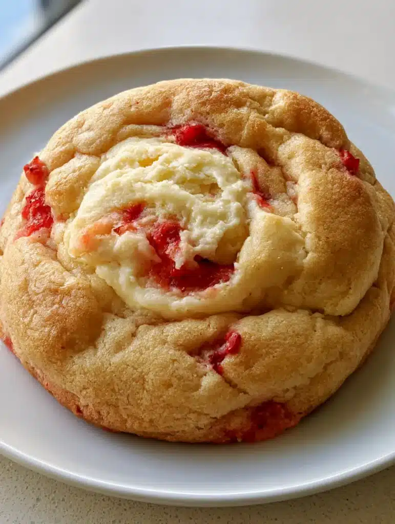 Close up of Strawberry Cheesecake Cookies showing the matte dough texture and bright red cooked strawberry pieces.