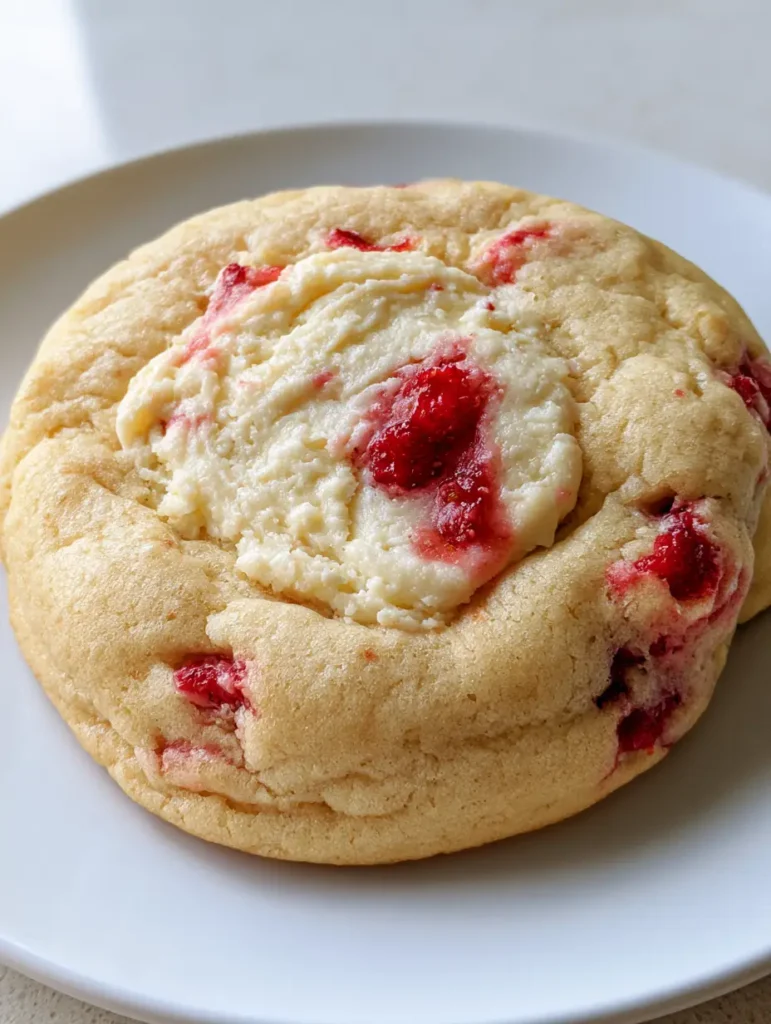 Strawberry Cheesecake Cookies on a white plate in natural daylight showing the golden brown edges.