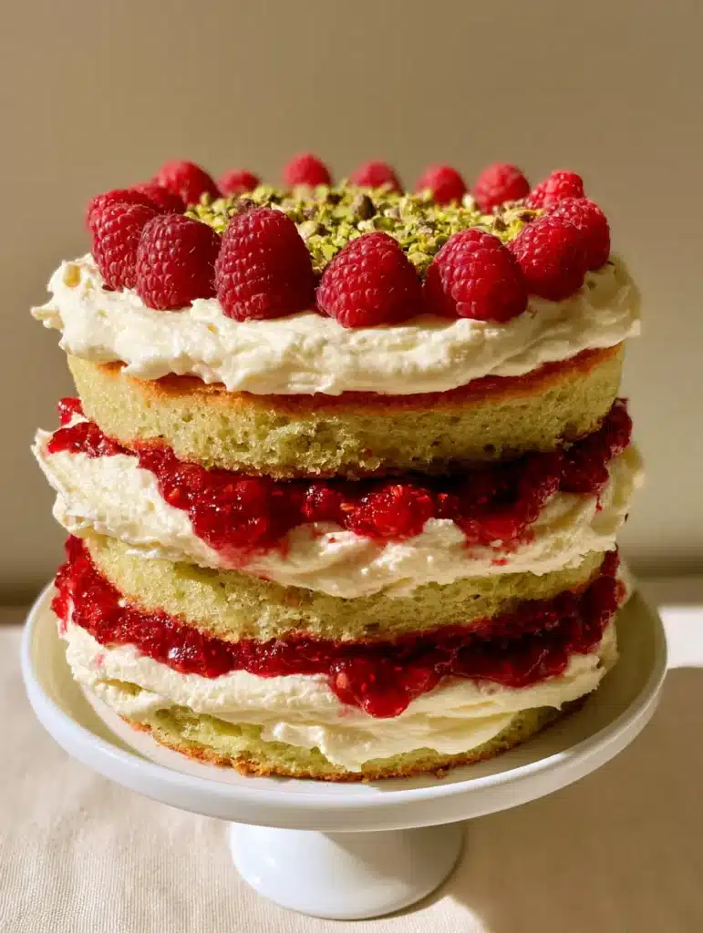 Slices of Pistachio Raspberry Layer Cake showing the moist light-green interior and bright red filling.