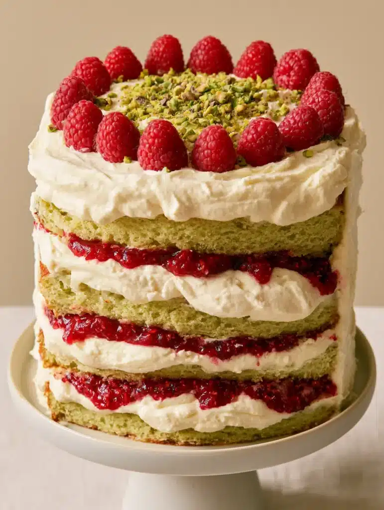 The top of the Pistachio Raspberry Layer Cake garnished with a raspberry border and crushed pistachios.