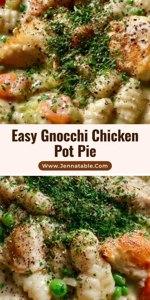 Gnocchi Chicken Pot Pie: The Ultimate One-Pot Comfort Meal 3 A close-up vertical shot of creamy Gnocchi Chicken Pot Pie in a rustic bowl, featuring golden chicken and vibrant peas. (Gnocchi Chicken Pot Pie)