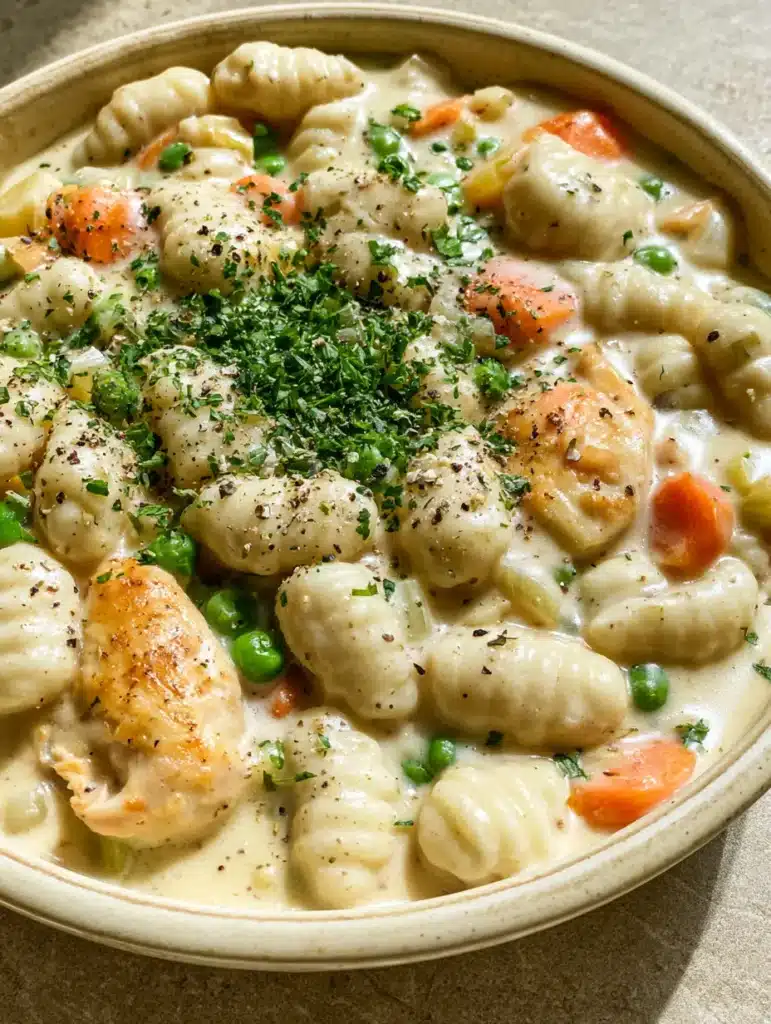 A handheld smartphone photo of creamy one-pot gnocchi chicken pot pie with ridged potato gnocchi and orange carrots. (Gnocchi Chicken Pot Pie)