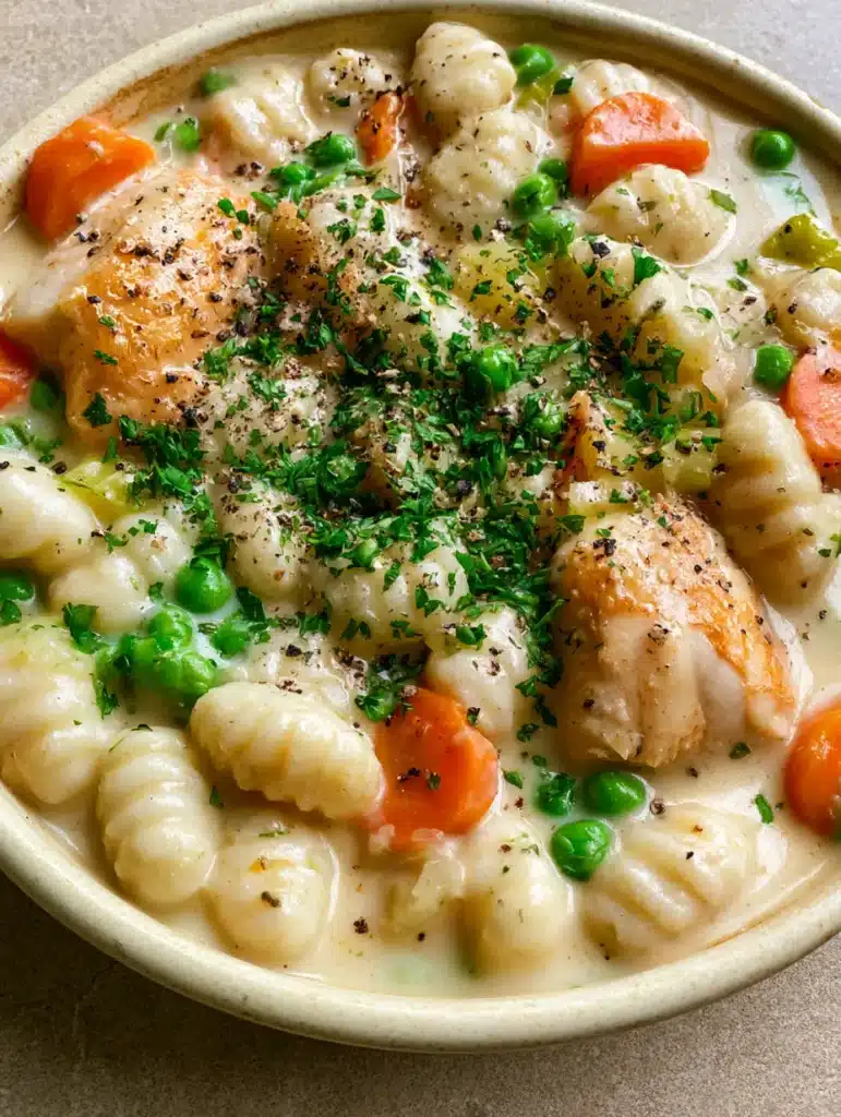 Gnocchi Chicken Pot Pie: The Ultimate One-Pot Comfort Meal 1 Close up of golden-seared chicken chunks and translucent celery in a thick pot pie sauce. (Gnocchi Chicken Pot Pie)