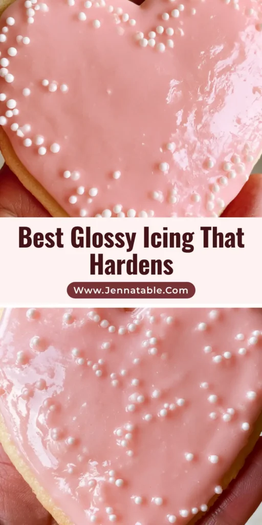 Sugar Cookie Icing That Hardens: The Secret to a High-Gloss Professional Finish 4 A handheld smartphone photo of a single heart-shaped sugar cookie with smooth light pink glossy icing and white sugar pearl sprinkles. (Sugar Cookie Icing That Hardens)