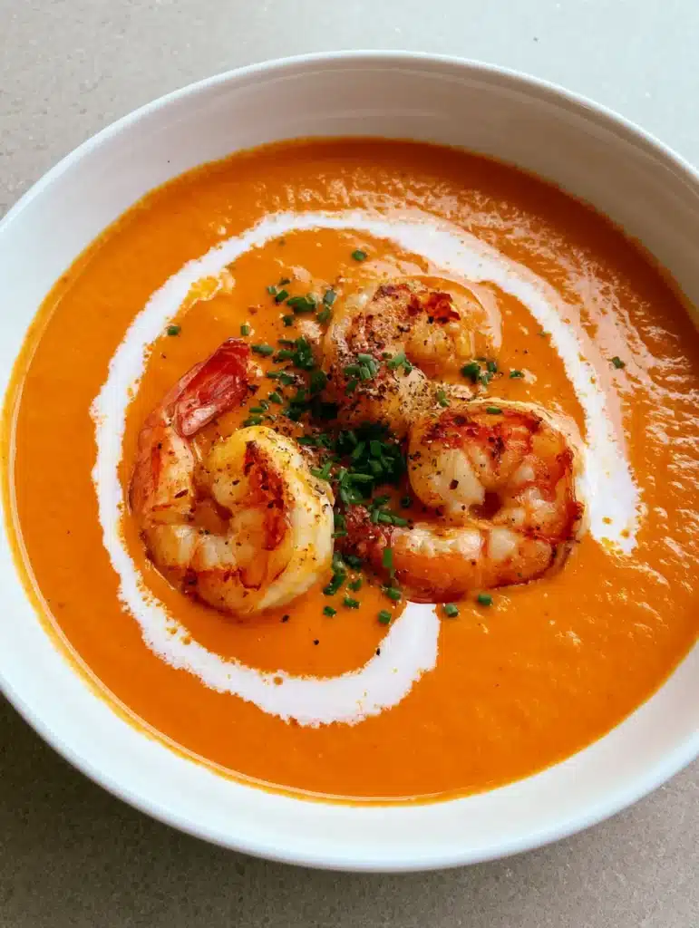 Close-up of three jumbo shrimp with golden-brown seared edges nestled in a thick orange bisque with a cream drizzle.