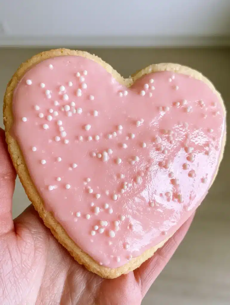 Top view of a heart-shaped cookie with thick reflective blush pink icing and white pearls. (Sugar Cookie Icing That Hardens)