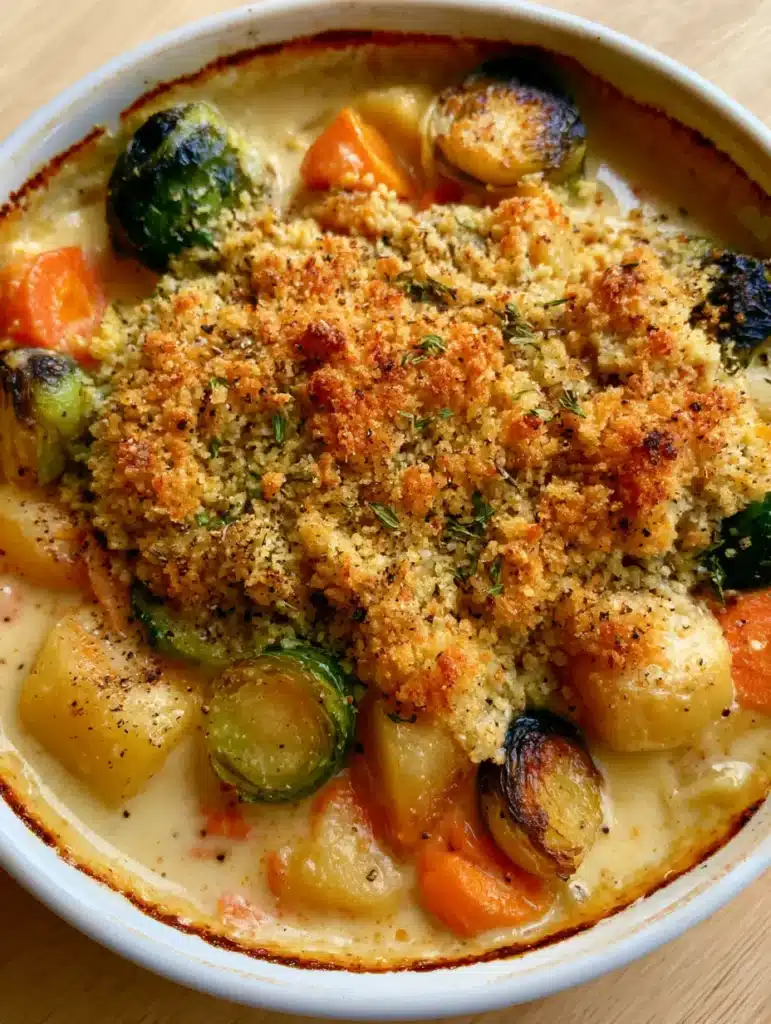 Close-up of Winter Vegetable Casserole showing caramelized sauce edges and vibrant green charred Brussels sprouts.