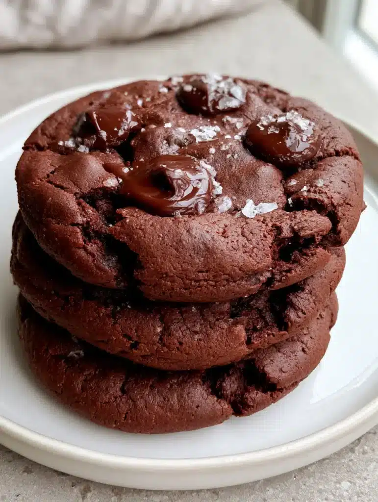 Gluten Free Chocolate Cookies: The Ultimate Fudgy Sea Salt Treat 1 Three Gluten Free Chocolate Cookies stacked on a white ceramic plate against a stone background. (Gluten Free Chocolate Cookies)