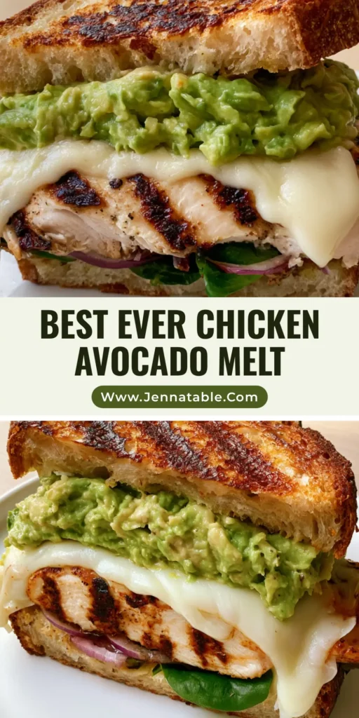 Chicken Avocado Melt with Toasted Sourdough and Char-Grilled Chicken 5 A diagonal slice of a Chicken Avocado Melt on a white plate showing melted provolone and charred chicken.