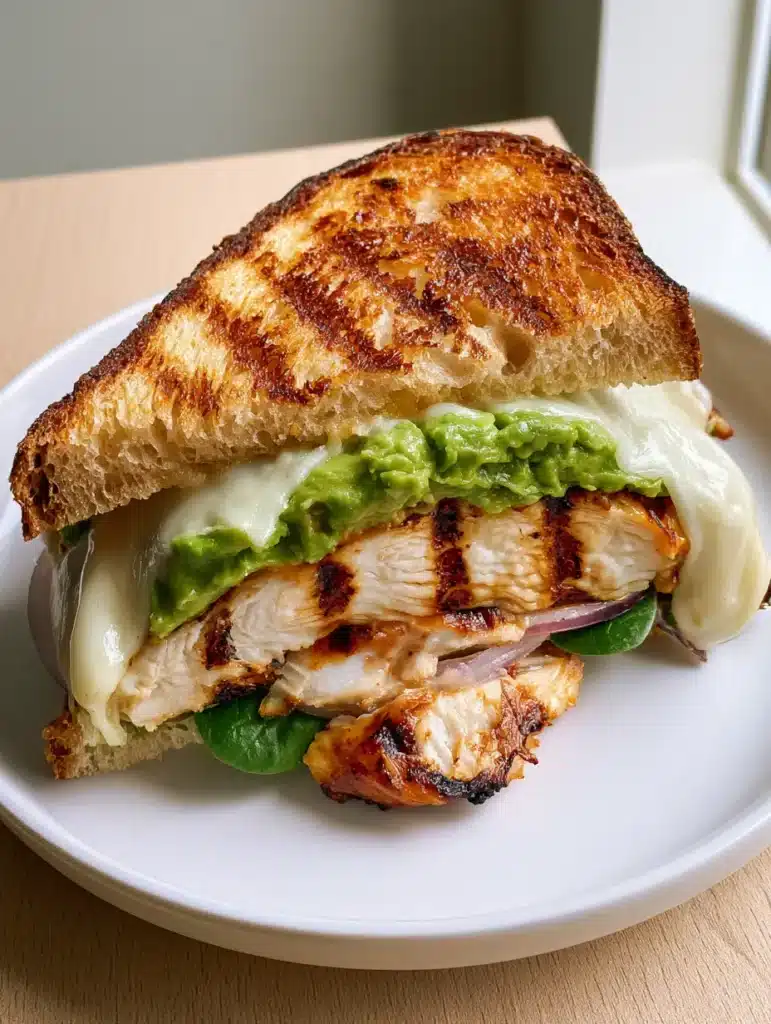 Close up of a Chicken Avocado Melt sandwich with visible grill marks on chicken and melted provolone cheese.