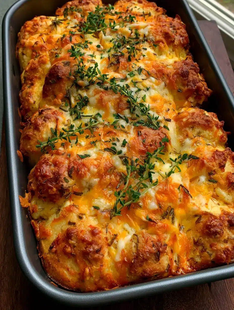 Close-up of the bumpy texture and toasted cheese topping on the Herb and Cheese Quick Bread.