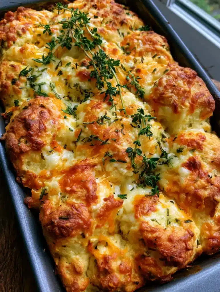 Herb and Cheese Quick Bread inside a dark grey metal pan, showing perfectly browned edges and fresh thyme sprigs.