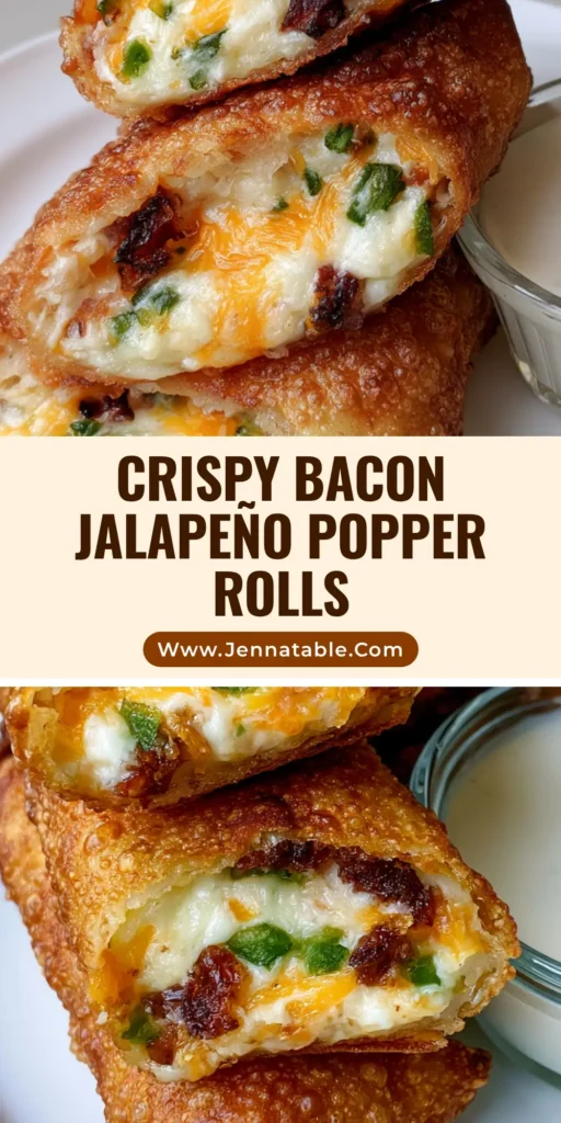 Jalapeno Popper Egg Rolls with Molten Cheese and Crispy Bacon 4 A stack of crispy, bubbly golden-brown Jalapeno Popper Egg Rolls sliced diagonally to reveal a molten cheese and jalapeno center on a white plate. (Jalapeno Popper Egg Rolls)