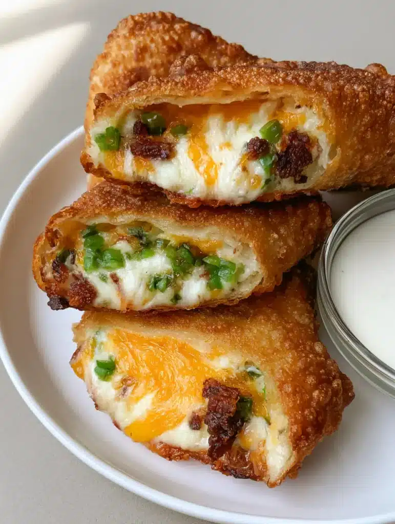 Close-up handheld photo of sliced Jalapeno Popper Egg Rolls showing melted white cream cheese, orange cheddar, and green jalapenos. (Jalapeno Popper Egg Rolls)