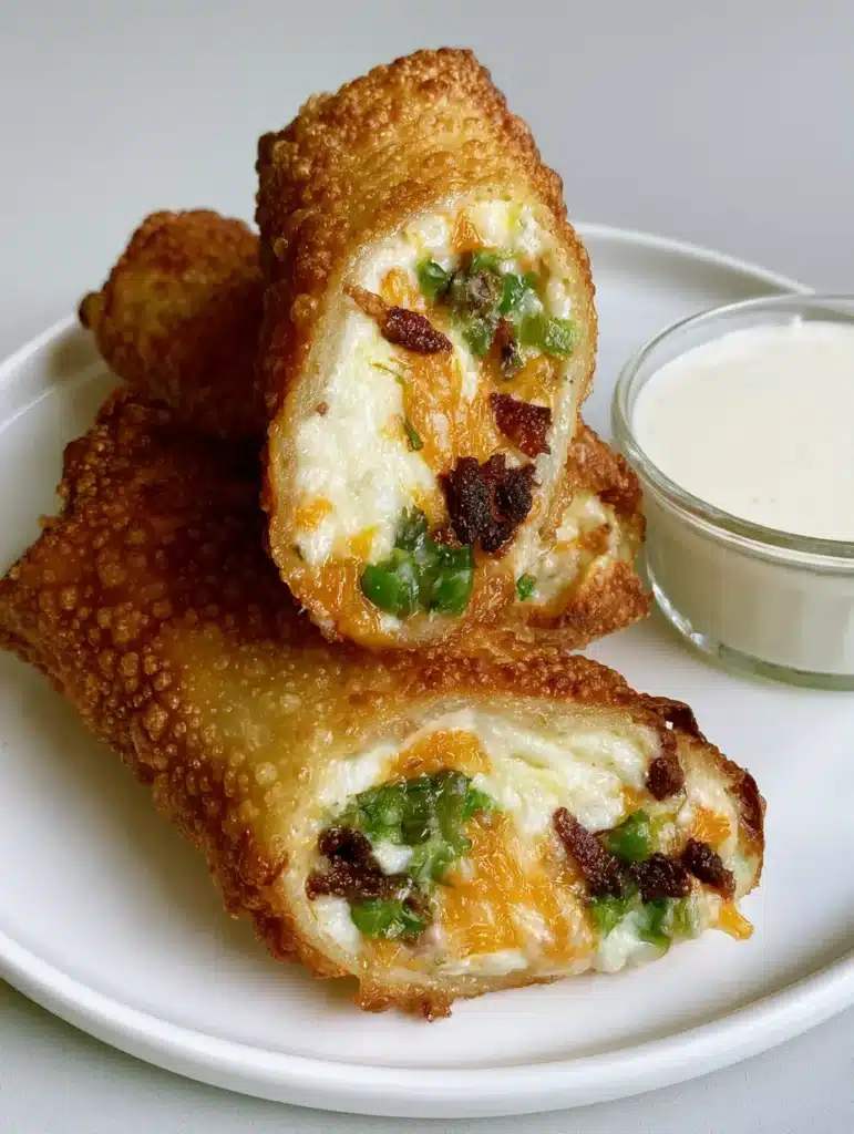 Jalapeno Popper Egg Rolls with Molten Cheese and Crispy Bacon 1 Symmetry view of deep-fried Jalapeno Popper Egg Rolls stacked on a white plate with a side of white ranch dipping sauce.