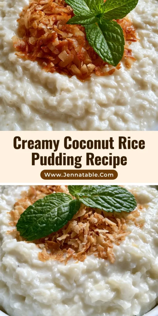 A Pinterest pin showing a white ceramic bowl of Coconut Rice Pudding with golden toasted flakes and mint leaves on a wooden surface.