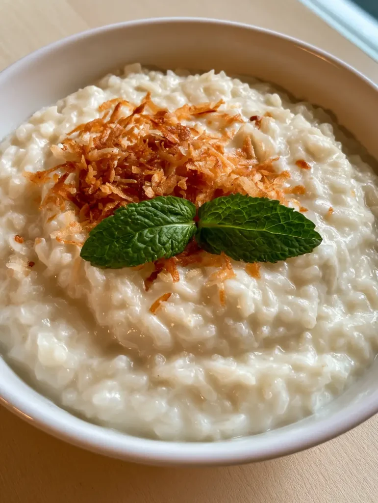 A white ceramic bowl filled with thick and velvety coconut rice pudding, topped with golden-brown toasted coconut flakes and fresh mint leaves. (Coconut Rice Pudding)