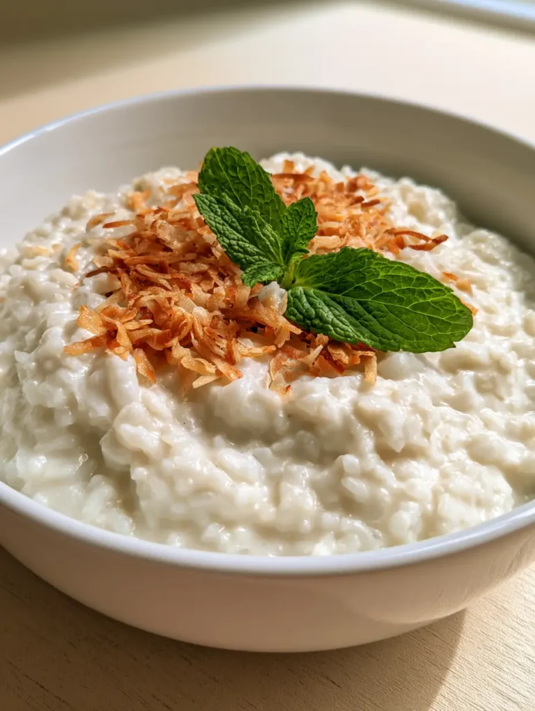 Top-down view of Coconut Rice Pudding with visible textures of toasted coconut and green mint garnish on a light wooden background.