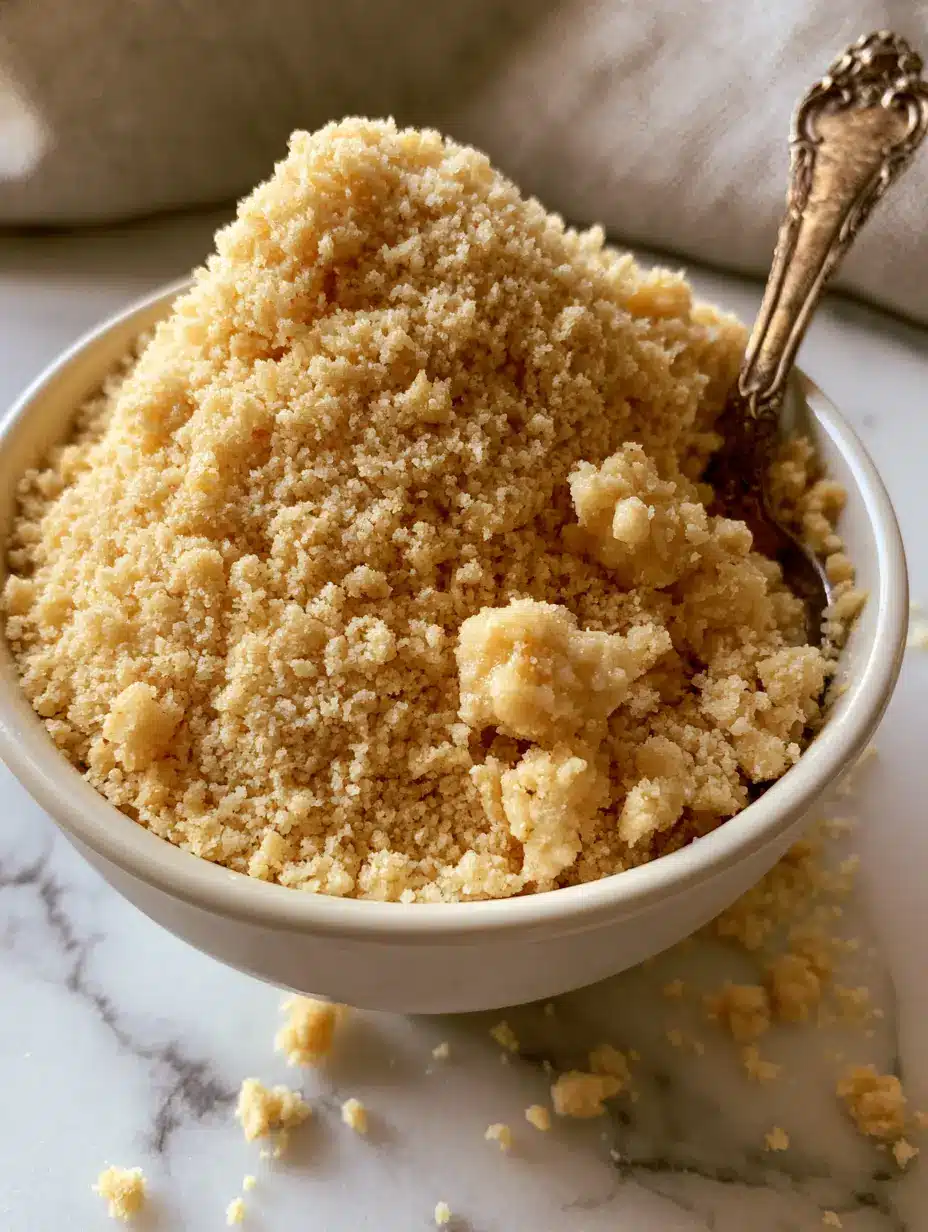 Crumble Topping Recipe: The Ultimate Guide to Buttery Streusel Clusters 3 Close up of raw buttery crumble topping with fine sandy flour and pale-gold chunks. (Crumble Topping Recipe)