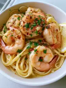 Close-up of succuent pink shrimp with golden edges on top of glossy linguine pasta with visible garlic. (Lemon Garlic Butter Shrimp Pasta)