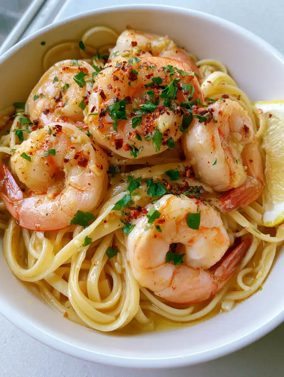 Close-up of succuent pink shrimp with golden edges on top of glossy linguine pasta with visible garlic. (Lemon Garlic Butter Shrimp Pasta)