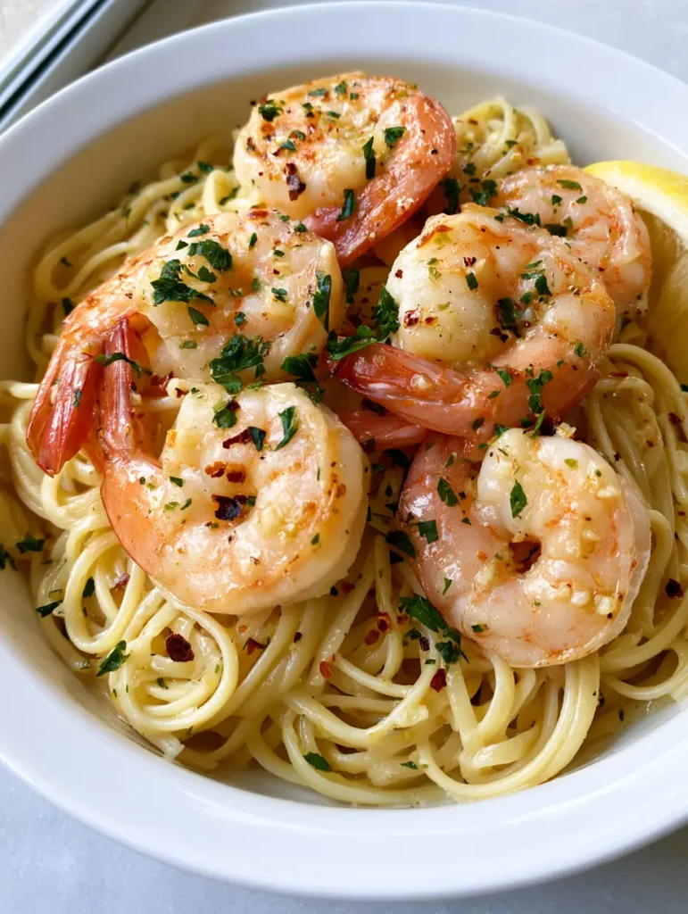 Top-down view of a white ceramic bowl of Lemon Garlic Butter Shrimp Pasta with a fresh lemon wedge and parsley flakes.