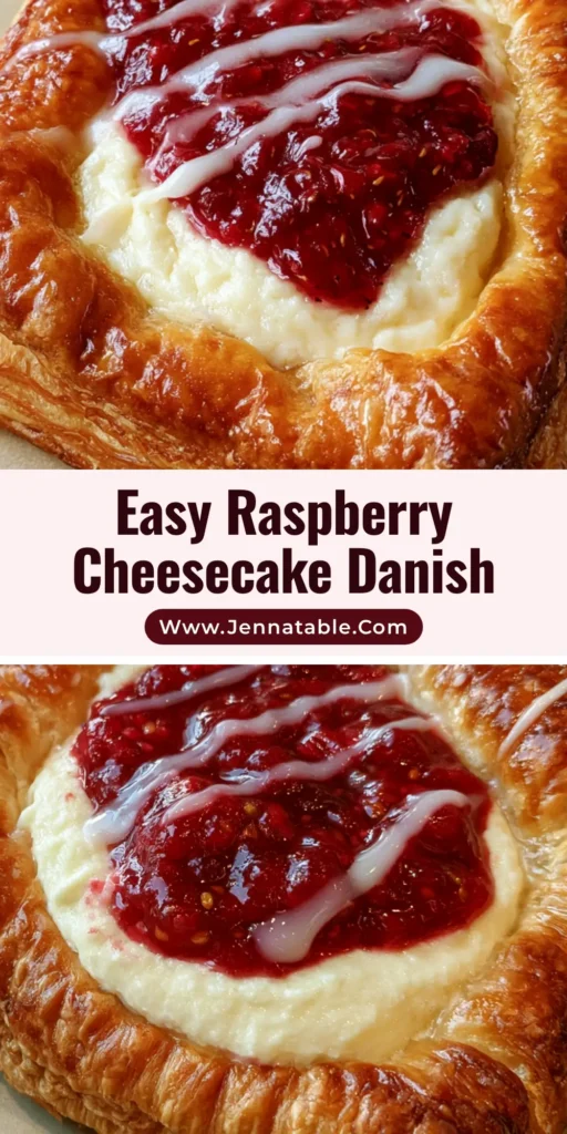 A handheld smartphone photo of a single Raspberry Cheesecake Danish with golden-brown flaky edges and vibrant crimson jam.