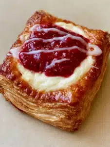 Close up of a Raspberry Cheesecake Danish showing crisp multi-layered flaky puff pastry edges and smooth white filling.