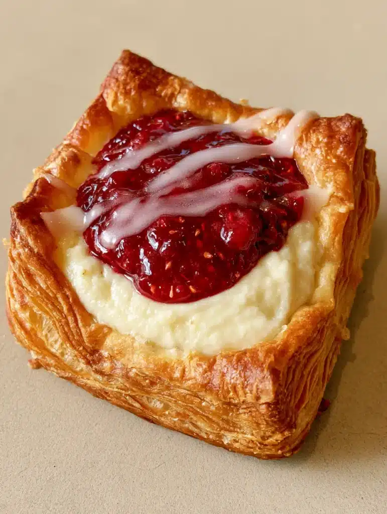 Top view of a Raspberry Cheesecake Danish with a zig-zag drizzle of translucent white sugar glaze over crimson raspberry jam.