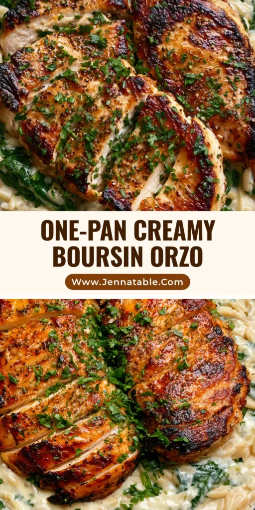 A top-down view of a black skillet featuring Boursin Orzo with Chicken, charred chicken medallions, and fresh parsley garnish.