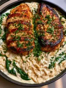 Close-up of velvety Boursin orzo pasta pearls with wilted spinach and sliced golden-brown chicken.