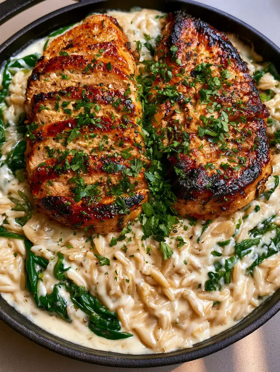 Close-up of velvety Boursin orzo pasta pearls with wilted spinach and sliced golden-brown chicken.